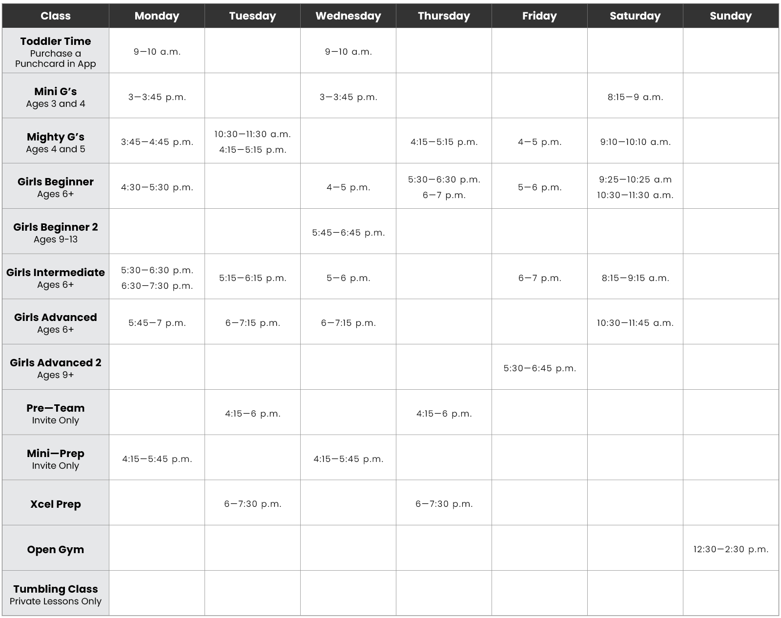 Fall schedule