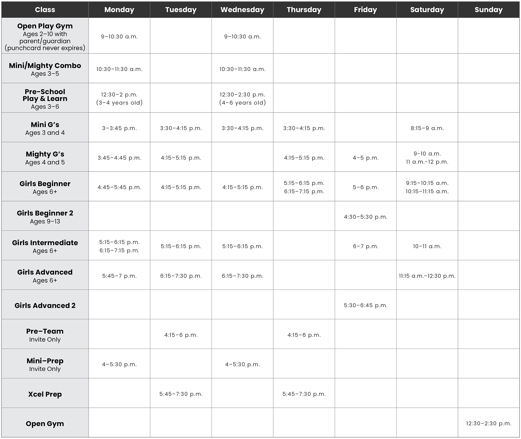class schedule